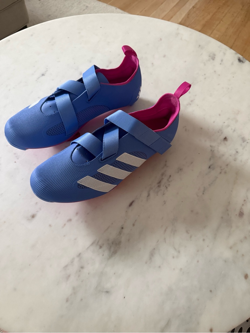 Adidas blue and pink cycling shoes
